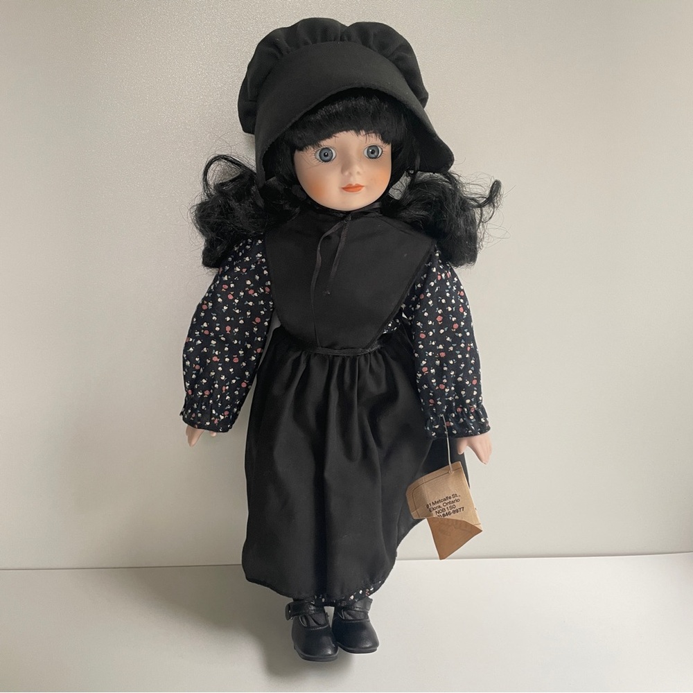 Gothic Porcelain Doll Black Hair Blue Eyes Hand Dressed Mennonite Girl Canada